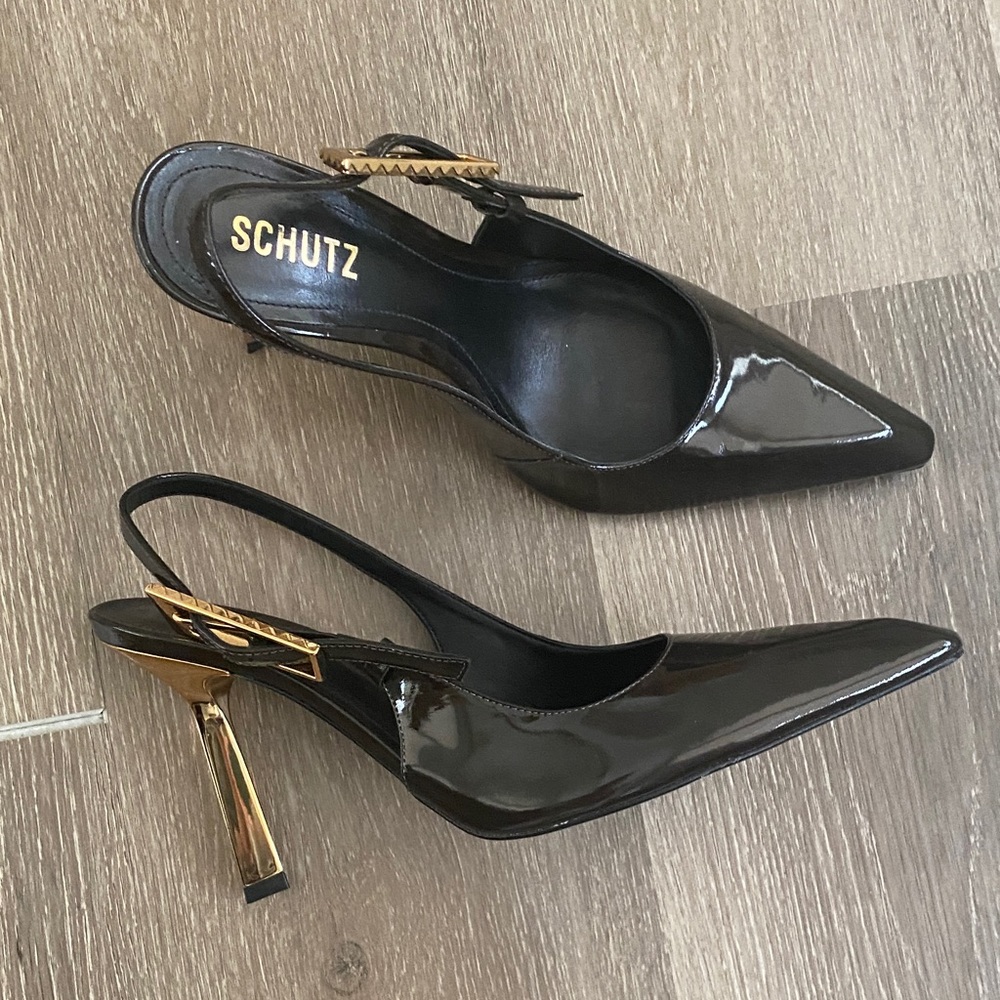 SCHUTZ brown Patent Heels with Gold Accents